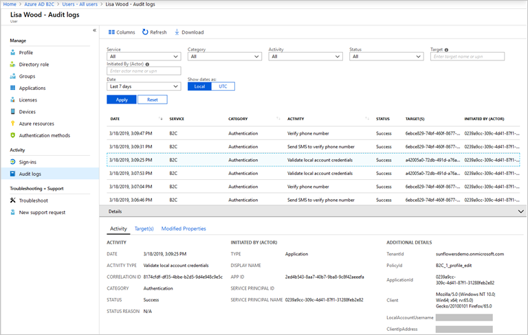 Log di controllo utente singolo visualizzato nella portale di Azure.