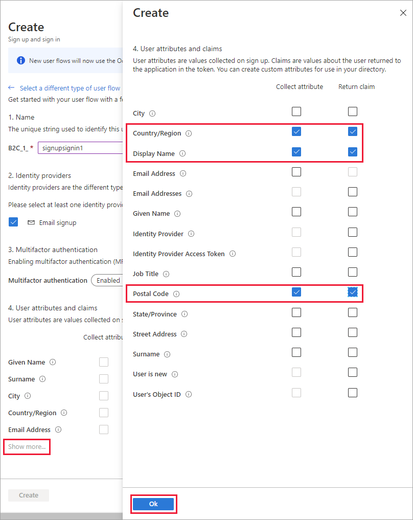 Attributes and claims selection page with three claims selected