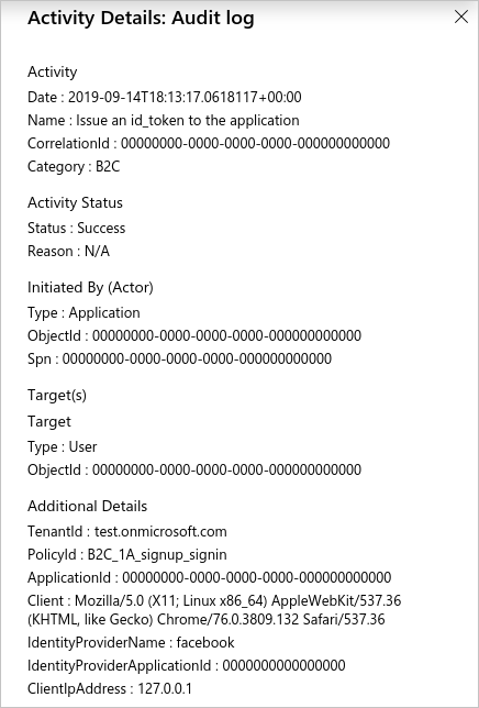 Esempio di pagina Dettagli attività log di controllo in portale di Azure