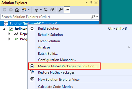 Screenshot of Solution Explorer, with Manage NuGet Packages for Solution highlighted.