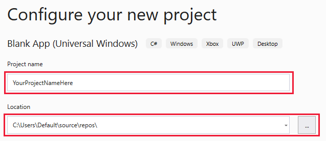 Screenshot that shows the dialog box for configuring a new project, with boxes for project name and location and the Create button highlighted.