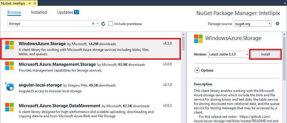 Installazione di WindowsAzure.Storage