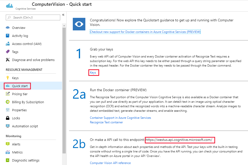 Servizio Visione di Azure AI nel portale di Azure con il menu Avvio rapido selezionato. Sono evidenziati un collegamento per le chiavi e l'URL dell'endpoint API