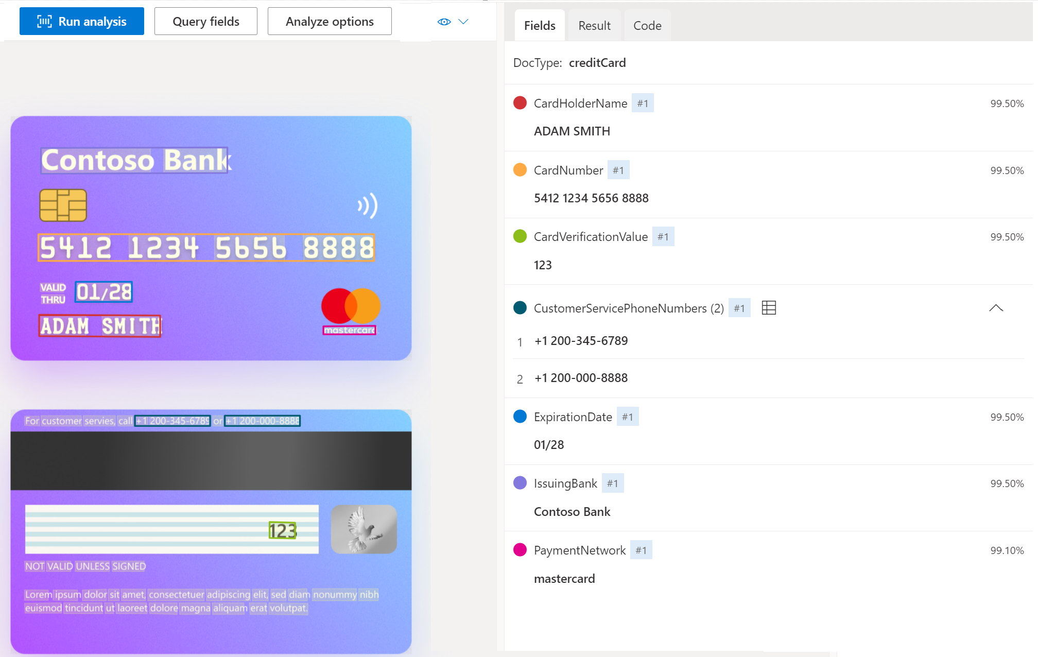 Screenshot dell'analisi del modello di immagine della carta di credito con Document Intelligence Studio.