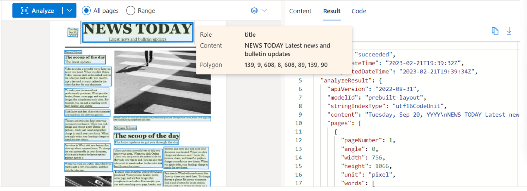 Screenshot dell'analisi del modello di layout con Document Intelligence Studio.