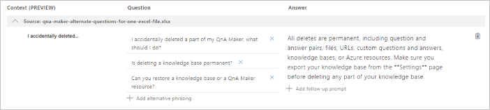 Screenshot di domande alternative per una singola risposta importata nella Knowledge Base