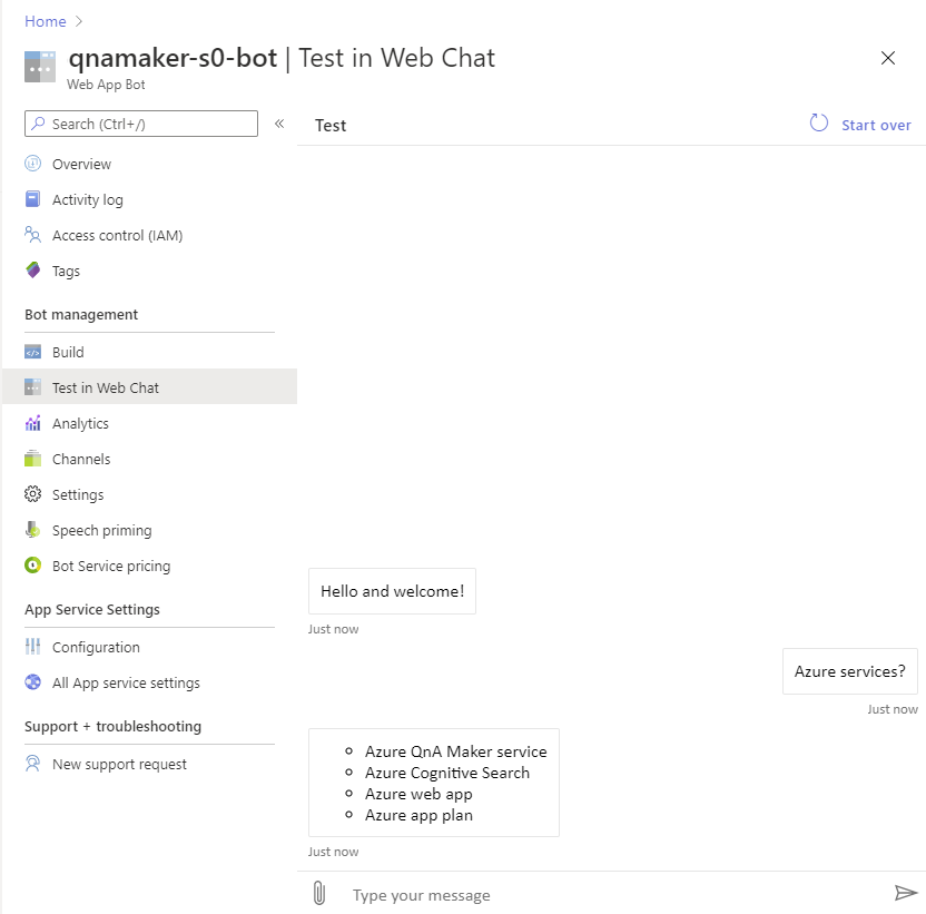 Immettere una query utente nella chat Web di test.