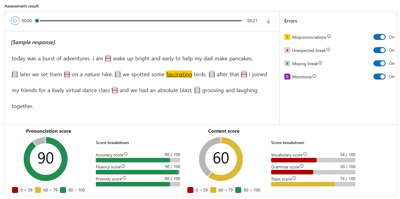 Screenshot del punteggio di pronuncia complessivo e del punteggio di contenuto complessivo in Studio AI.