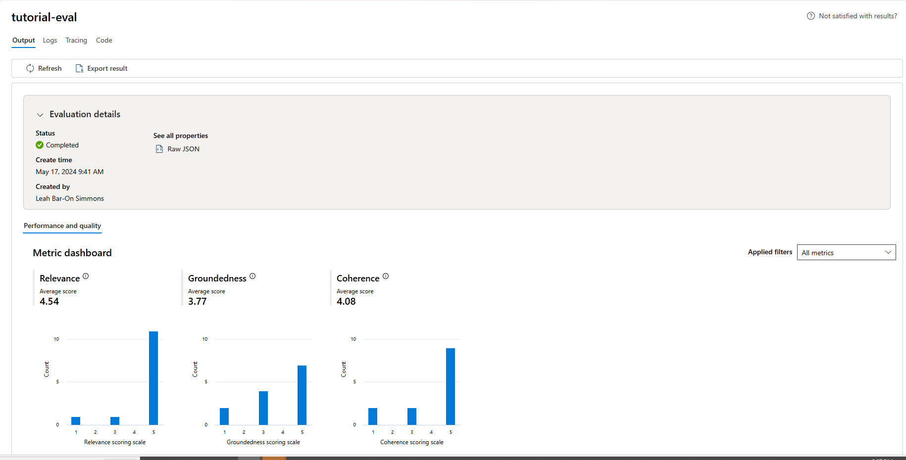 Screenshot che mostra la panoramica della valutazione in Azure AI Studio.