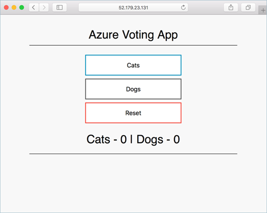 Screenshot della home page dell'applicazione Azure Voting App distribuita in un cluster Kubernetes in Azure.