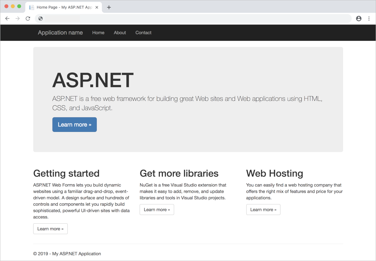 Screenshot della home page per l'applicazione di esempio ASP.NET per Windows distribuita in un cluster del servizio Azure Kubernetes.