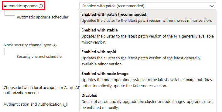 Screenshot del pannello di creazione per un cluster del servizio Azure Kubernetes nel portale di Azure. Il campo Aggiornamento automatico mostra l'opzione 'Abilitato con patch (scelta consigliata)' selezionata.