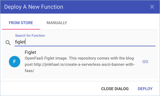 Lo screenshot mostra la finestra di dialogo Distribuire una nuova funzione con il testo Figlet nella riga di ricerca.