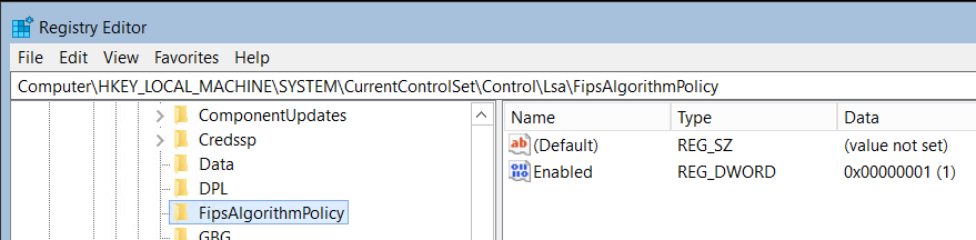 Screenshot che mostra un'immagine dell'editor del Registro di sistema per i criteri dell'algoritmo FIPS e che è abilitata.