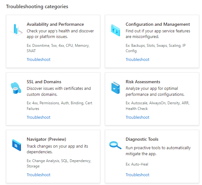 servizio app Diagnosticare e risolvere i problemi nell'elenco Delle categorie risoluzione dei problemi che visualizzano disponibilità e prestazioni, configurazione e gestione, DOMINI e SSL, Valutazioni dei rischi, Navigatore (anteprima) e Strumenti di diagnostica.