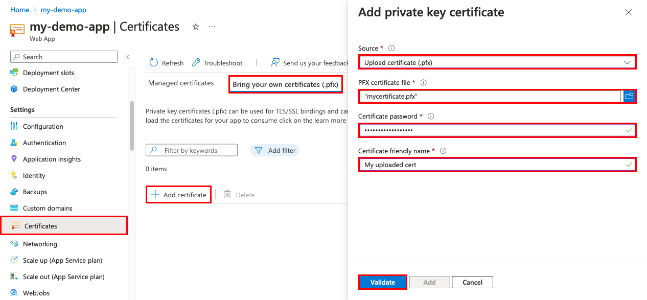 Screenshot che mostra le opzioni 'Certificati', 'Bring Your Own Certificate (.pfx)', 'Carica certificato' selezionate.