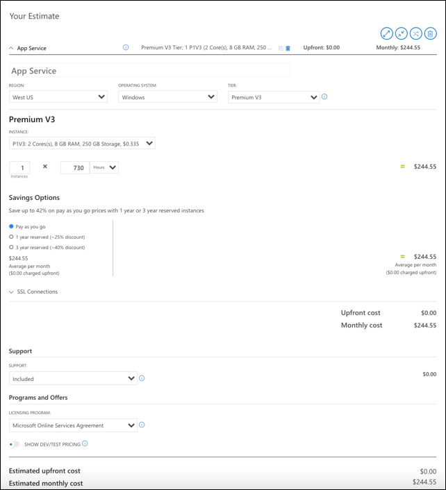 Esempio che mostra il costo stimato nel calcolatore prezzi di Azure