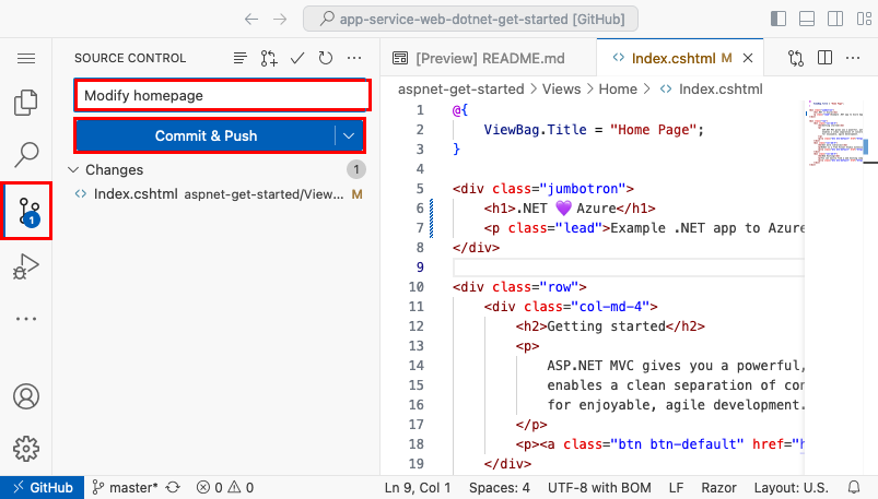 Screenshot di Visual Studio Code nel browser che mostra il pannello Controllo del codice sorgente con un messaggio di commit 'We love Azure' e il pulsante Commit e push evidenziato.