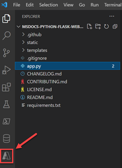 Screenshot dell'icona Strumenti di Azure nella barra degli strumenti a sinistra di VS Code.