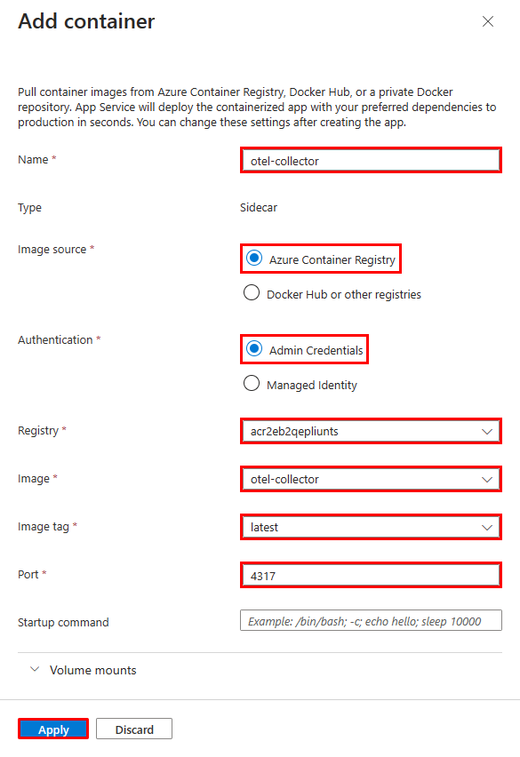 Screenshot che mostra come configurare un contenitore sidecar nel centro distribuzione di un'app Web.