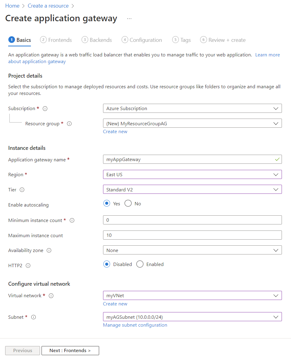 Screenshot della scheda Dati principali dalla pagina Crea gateway applicazione.