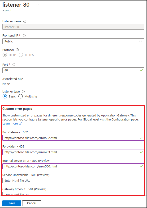 Screenshot of Application Gateway custom error page.