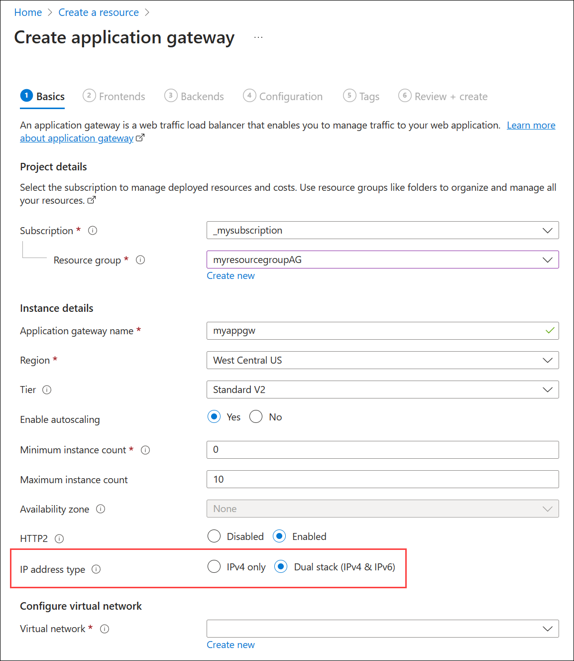 Screenshot della creazione di un nuovo gateway applicazione: Nozioni di base.