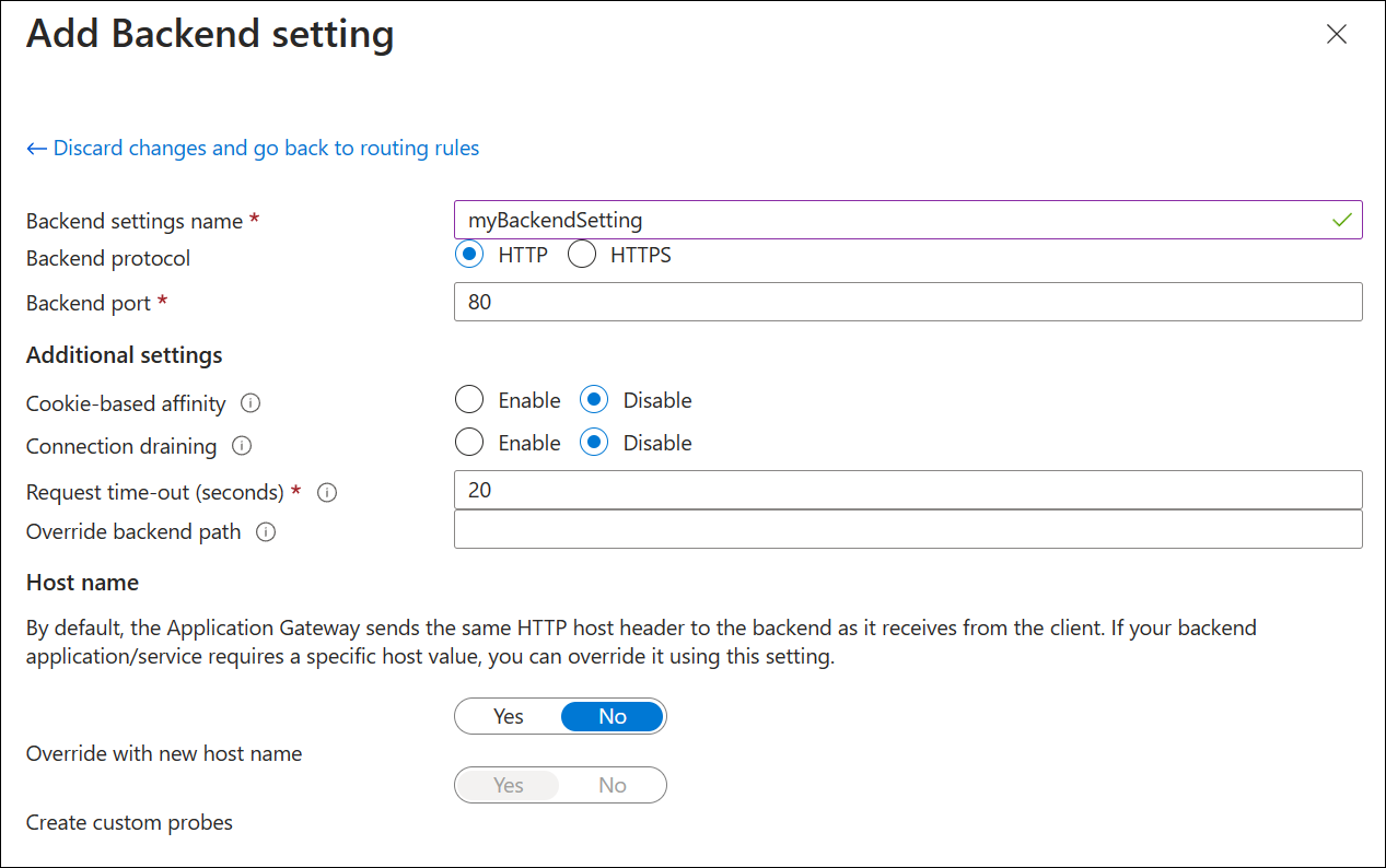 Screenshot della creazione di un nuovo gateway applicazione: impostazione back-end.