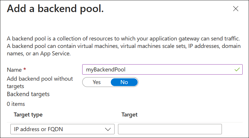 Screenshot della creazione di un nuovo gateway applicazione: back-end.