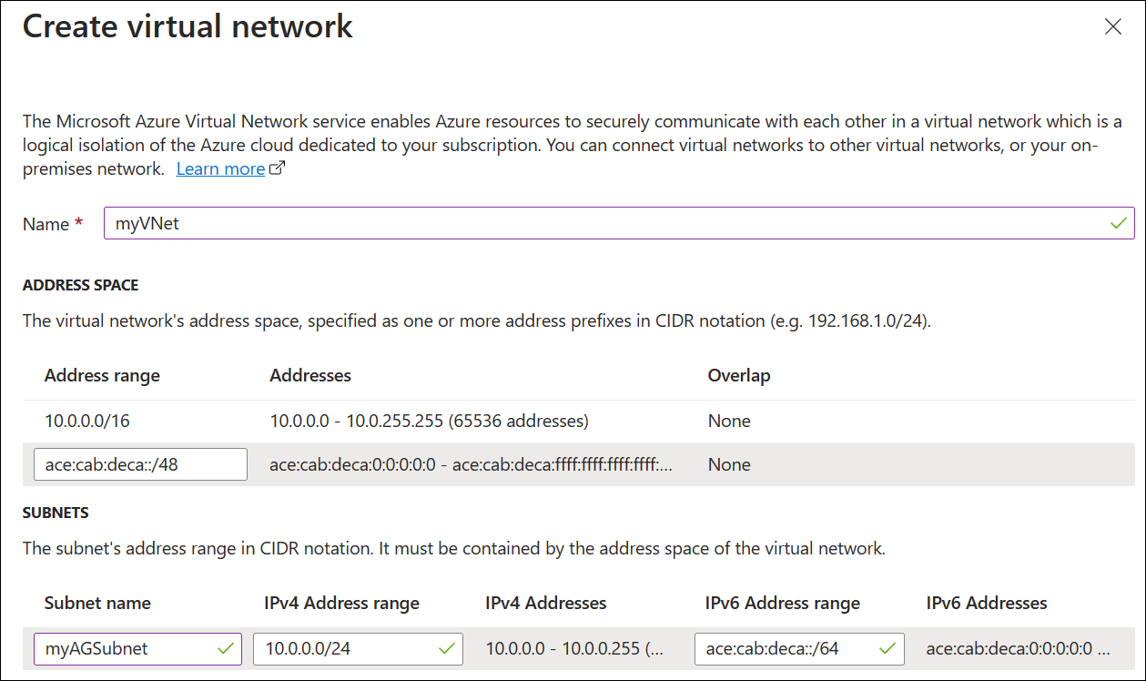 Screenshot della creazione di un nuovo gateway applicazione: rete virtuale.