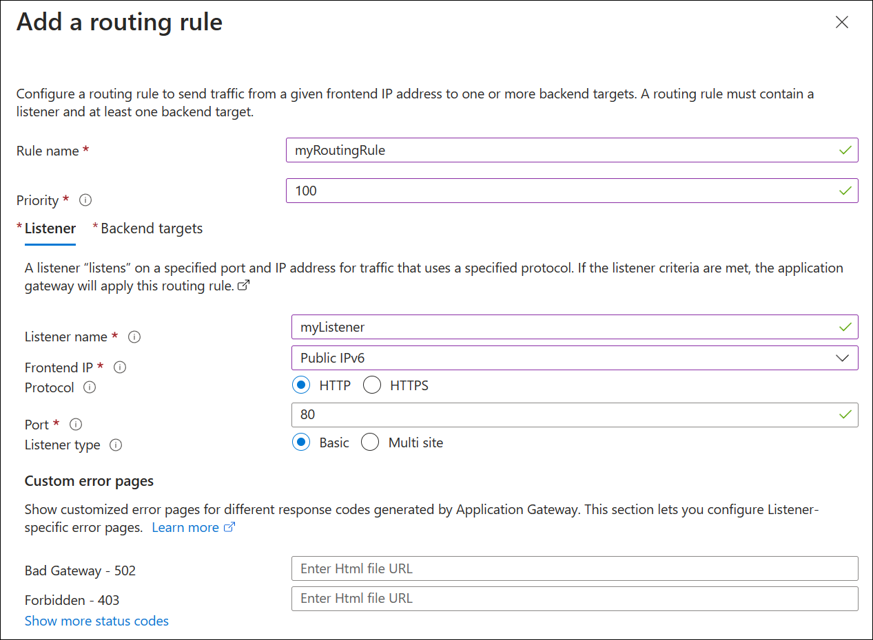 Screenshot della creazione di un nuovo gateway applicazione: listener.