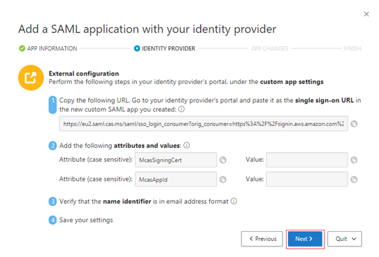 Screenshot of the Add a SAML application with your identity provider page. Under External configuration, four steps are visible.