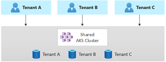 Diagramma che mostra tre tenant, ognuno con un database dedicato e una singola applicazione Kubernetes condivisa.