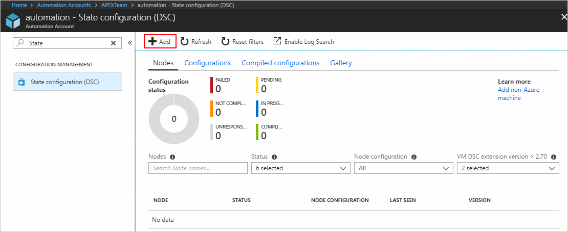 Screenshot della pagina Nodi DSC con il pulsante Aggiungi macchina virtuale di Azure evidenziato