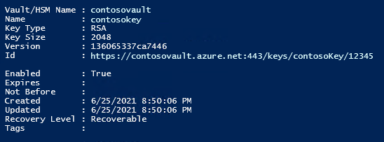 Output del cmdlet Add-AzKeyVaultKey.