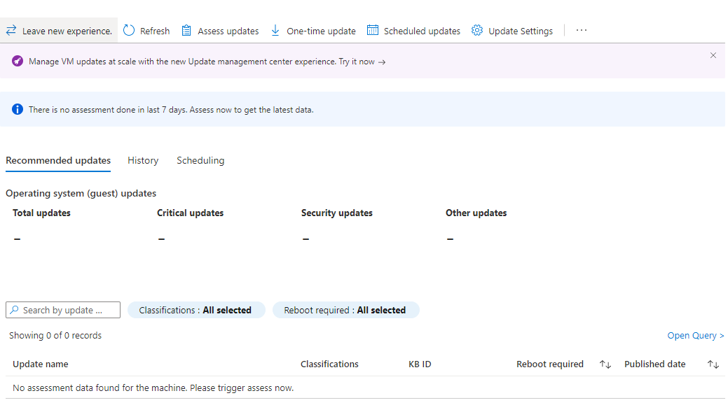 Screenshot della visualizzazione delle valutazioni di Gestione degli aggiornamenti per i server abilitati per Arc.