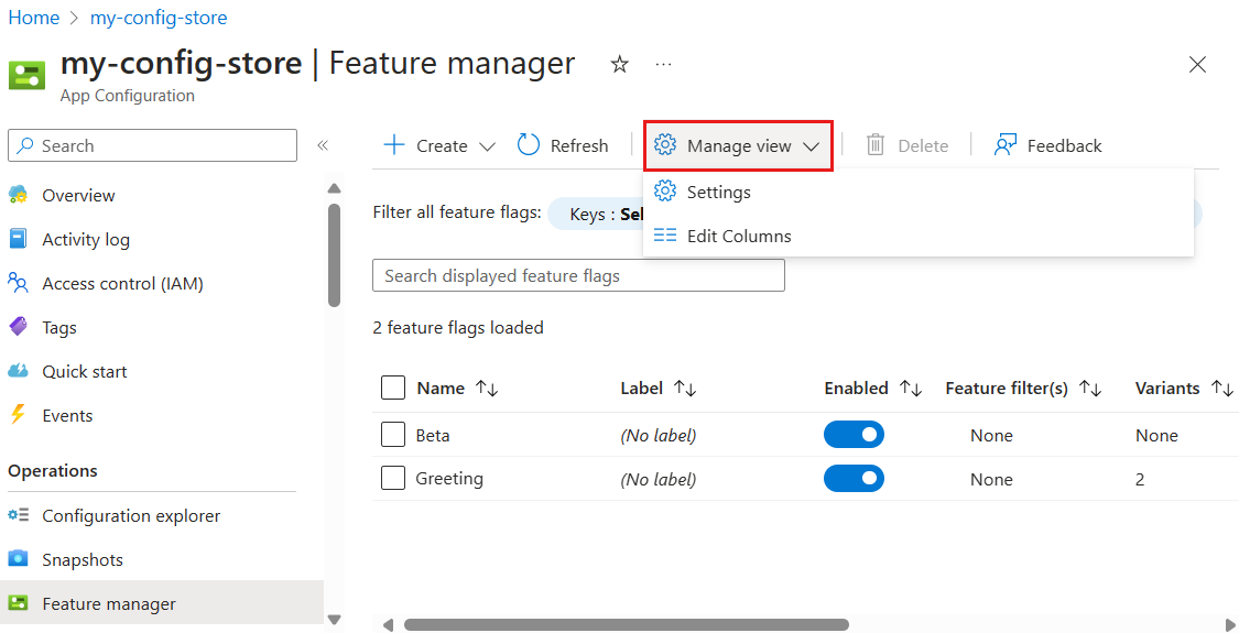 Screenshot della piattaforma Azure. Modificare le colonne del flag di funzionalità.