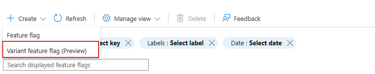 Screenshot della piattaforma Azure. Creare un flag di funzionalità varianti.