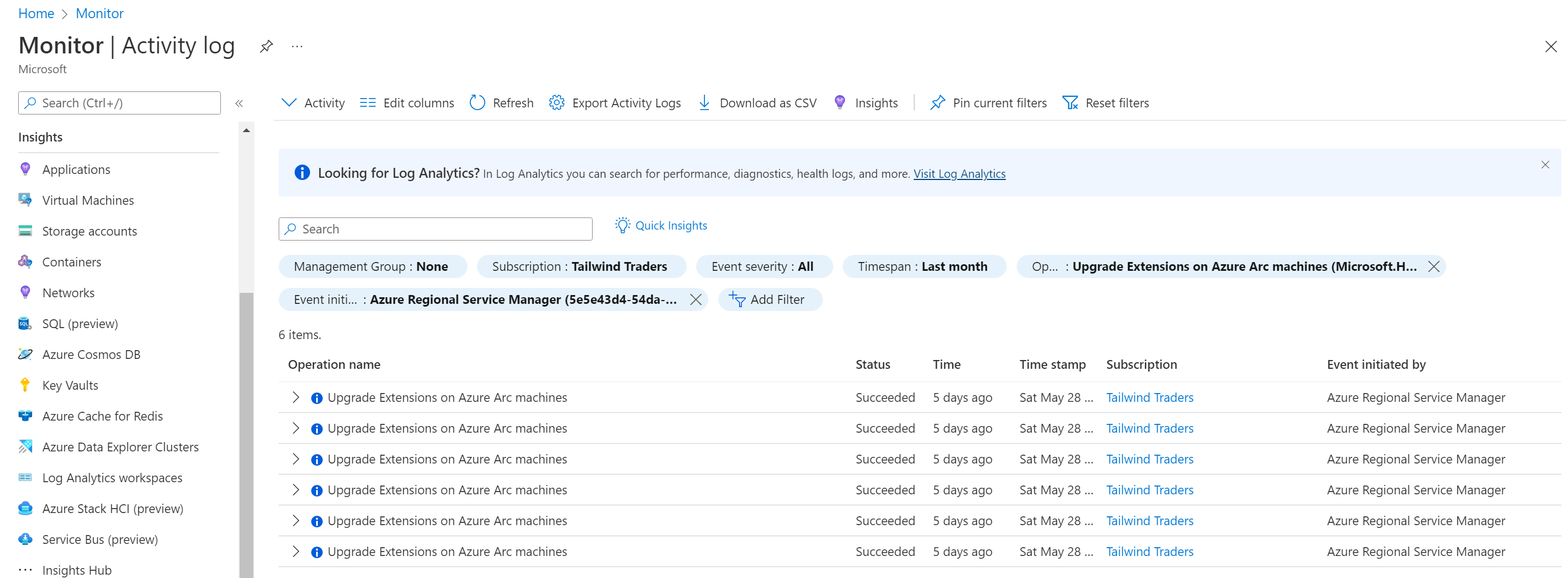 Log attività di Azure che mostra i tentativi di aggiornare automaticamente le estensioni nei server abilitati per Azure Arc.