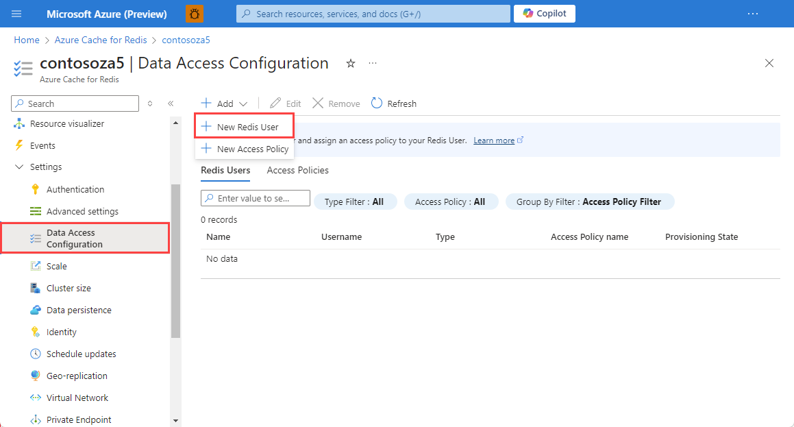 Screenshot che mostra il riquadro di configurazione dell'accesso ai dati con l'opzione Nuovo utente Redis evidenziata.