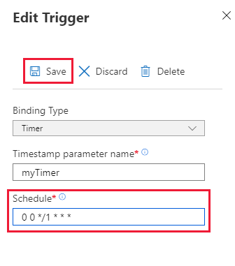 Screenshot della pagina di pianificazione del timer della funzione di aggiornamento nel portale di Azure.