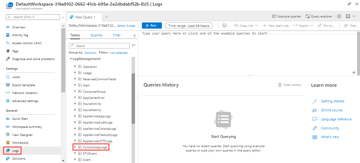 Screenshot della finestra Query per Funzioni di Azure in un'area di lavoro Log Analytics.