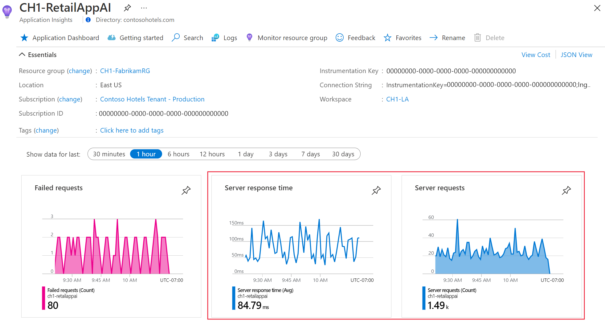 Screenshot della scheda Panoramica di Application Insights con le richieste del server e il tempo di risposta del server evidenziato.