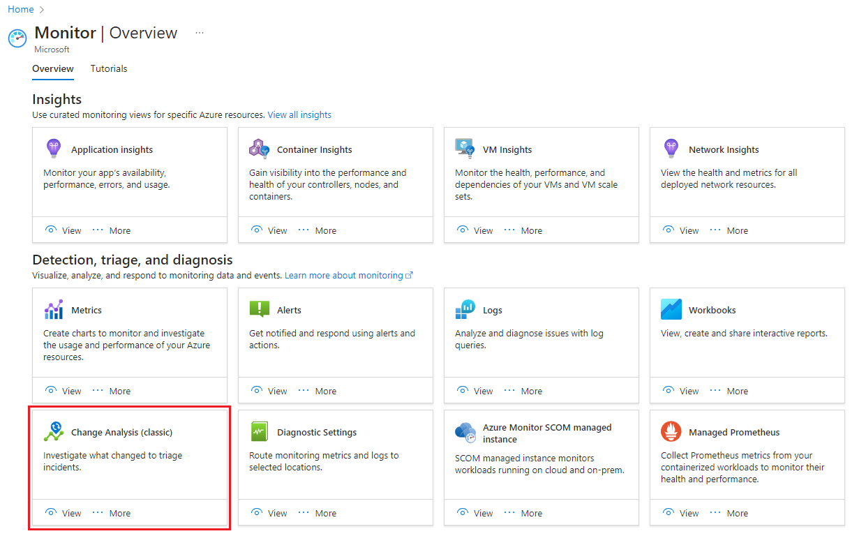 Screenshot che mostra la selezione della scheda Analisi modifiche nella pagina Panoramica di Monitoraggio di Azure.