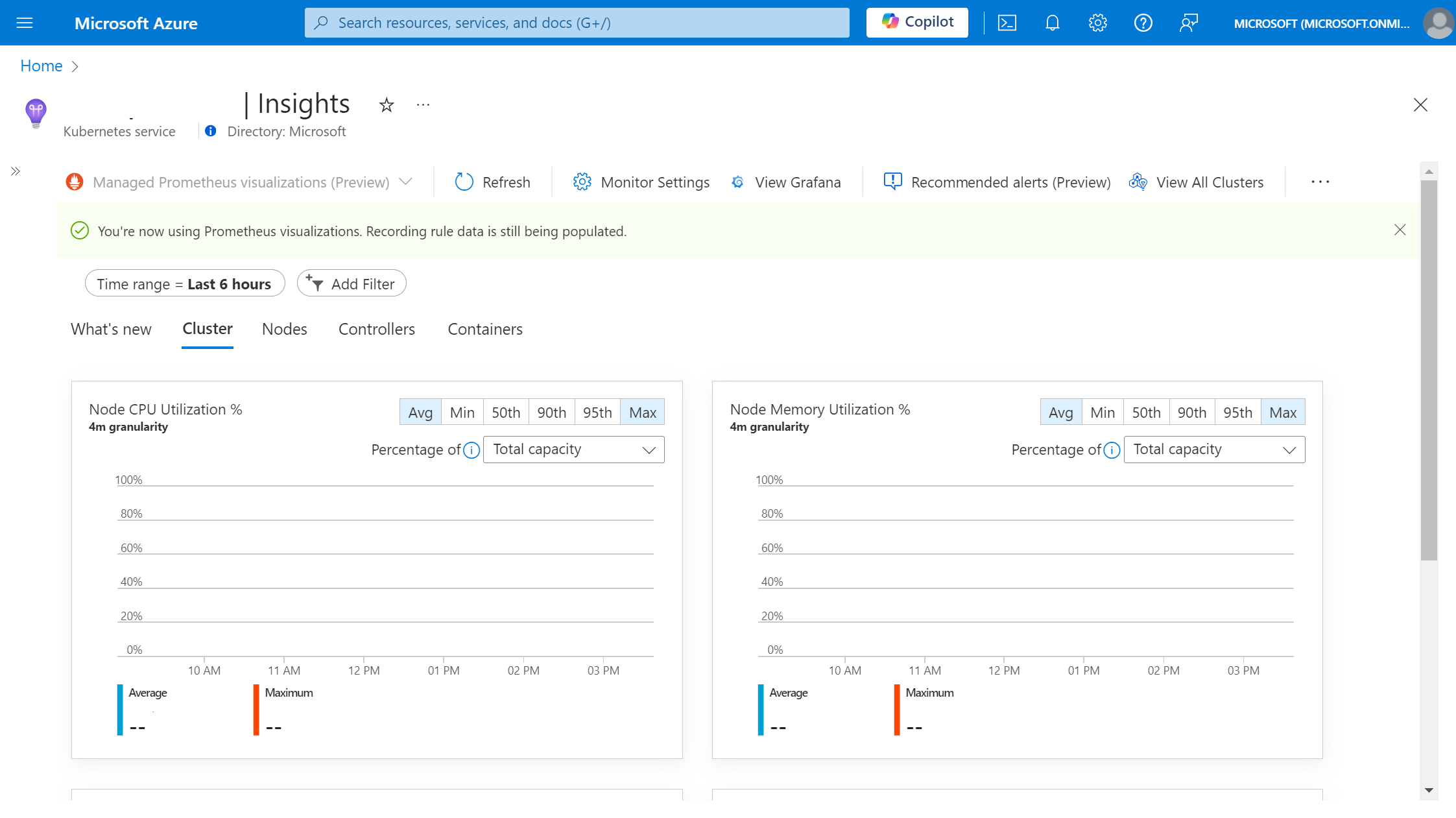 Screenshot del cluster del servizio Azure Kubernetes con Container Insights basato su Prometheus con il banner della regola di registrazione.