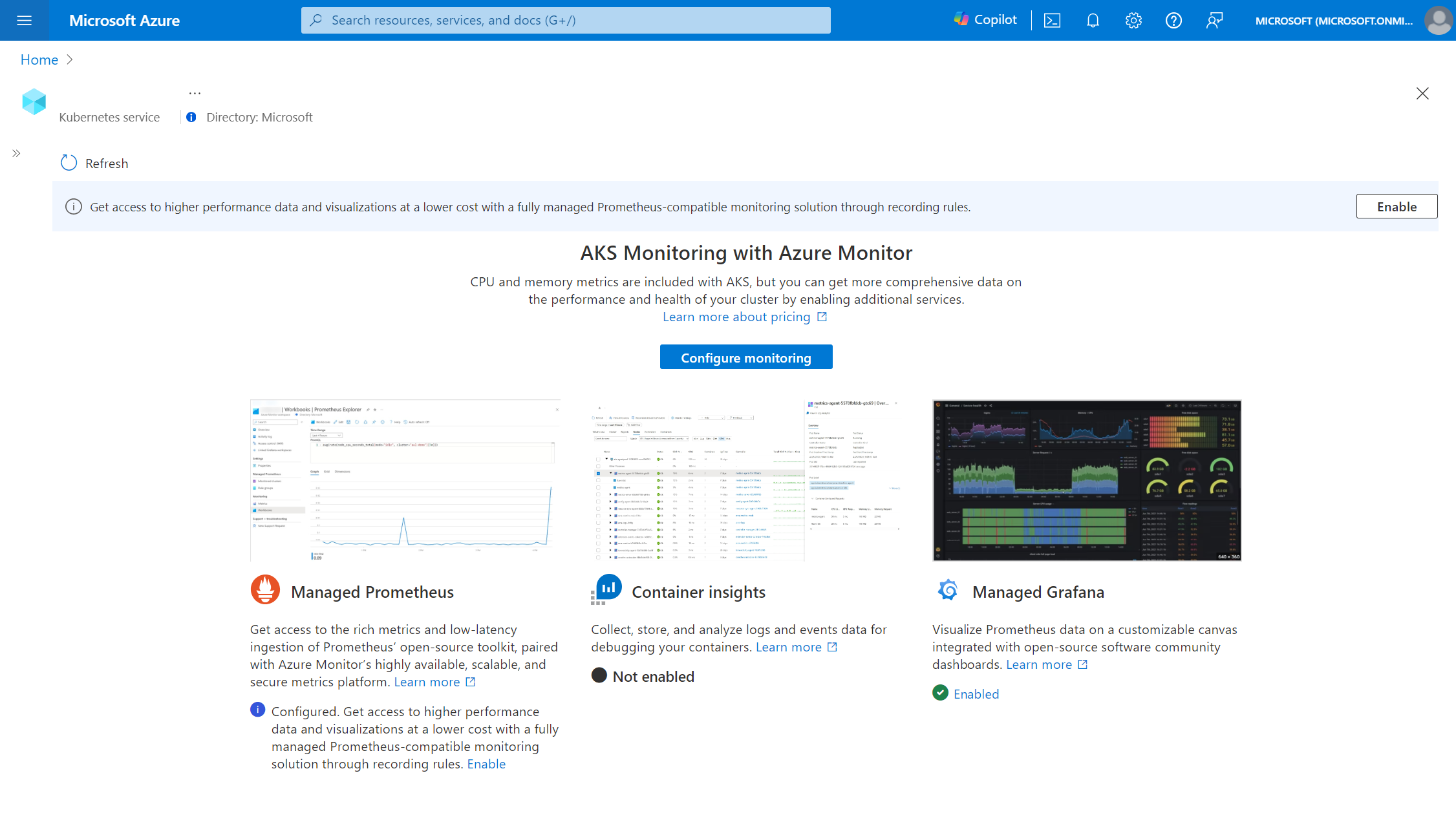 Screenshot del cluster del servizio Azure Kubernetes con Container Insights basato su Prometheus.