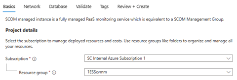 Screenshot that shows project details for creating a SCOM Managed Instance.