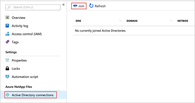 Screenshot che mostra il menu Connessioni di Active Directory. Il pulsante join è evidenziato.