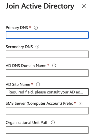 Screenshot dei campi di input di Join Active Directory.