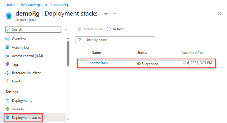 Screenshot dell'elenco degli stack di distribuzione nell'ambito del gruppo di risorse.